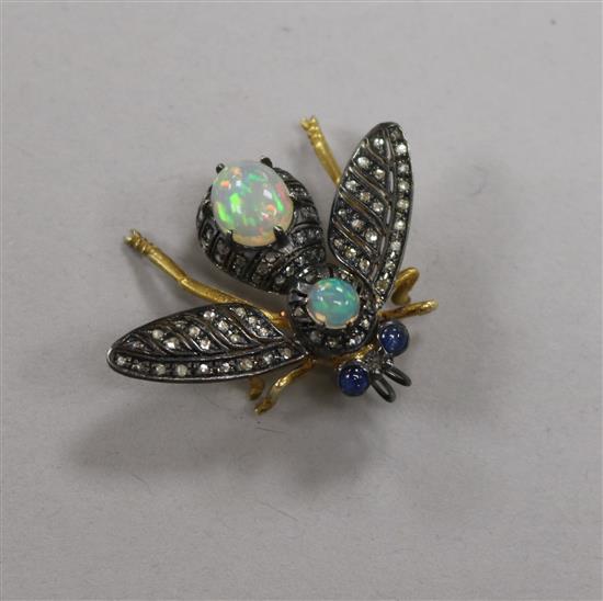 A Victorian style opal, and rose cut diamond set bug brooch with cabochon eyes, 30mm.